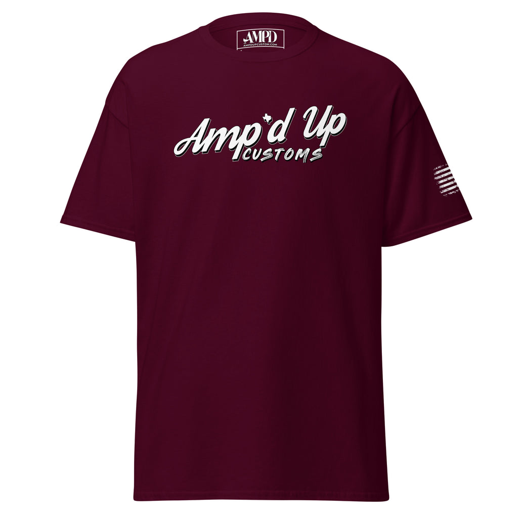 Ampd Up Signature Classic T-Shirt in maroon featuring bold logo and sleeve design