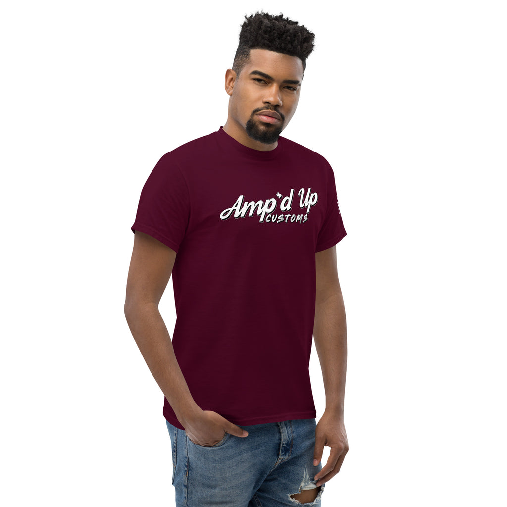 Amp'd Up Signature Classic T-Shirt in burgundy, featuring a stylish logo design on the front