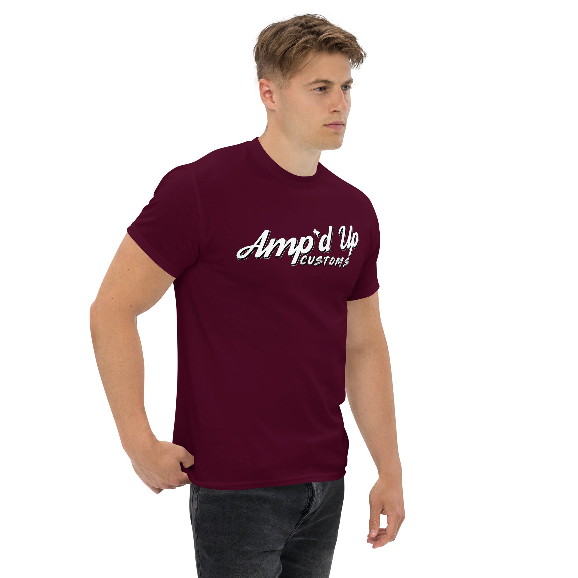 Amp'd Up Signature Classic T-Shirt in maroon worn by a male model for a stylish look