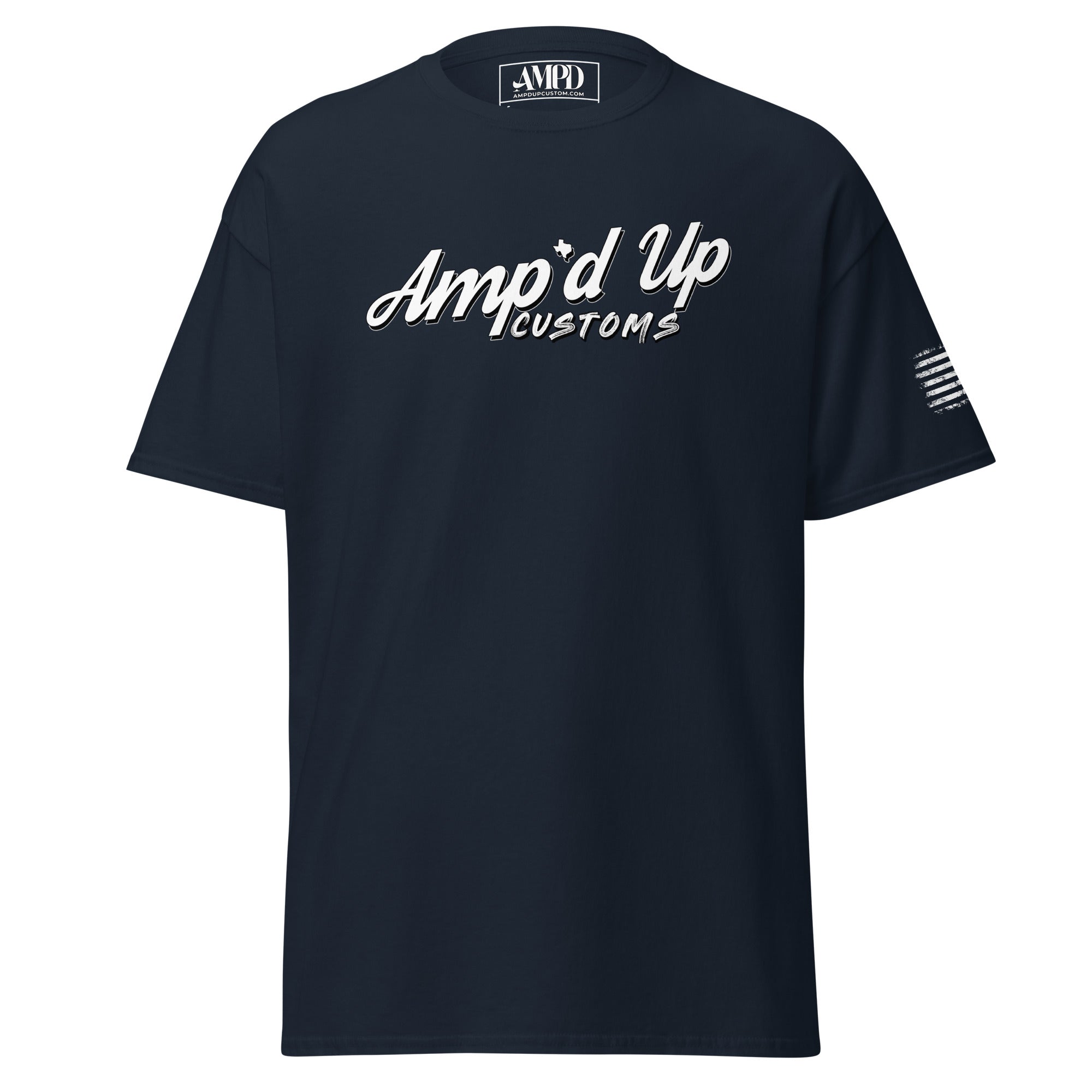 Ampd Up Signature Classic T-Shirt in navy blue with front logo and side flag design