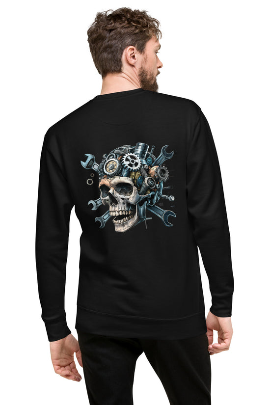 Skull Mechanic Sweatshirt with detailed back illustration featuring gears and tools