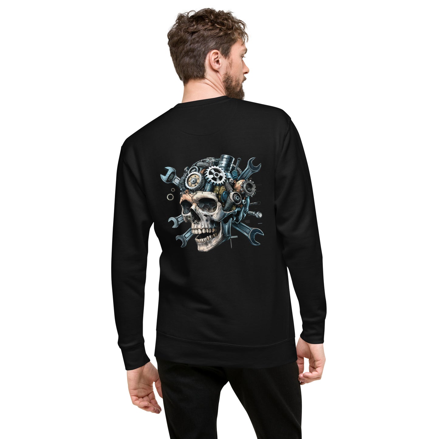 Skull Mechanic Sweatshirt with detailed back illustration featuring gears and tools