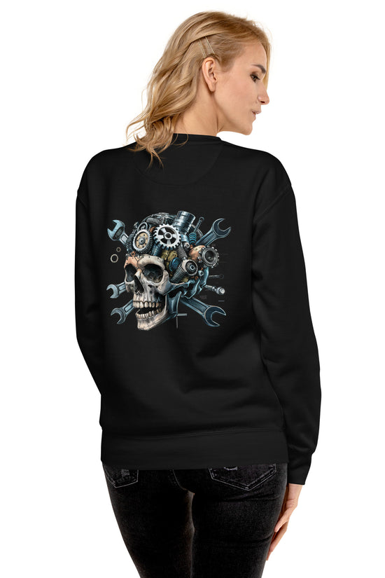 Black Skull Mechanic Sweatshirt featuring a vivid back illustration of gears and tools