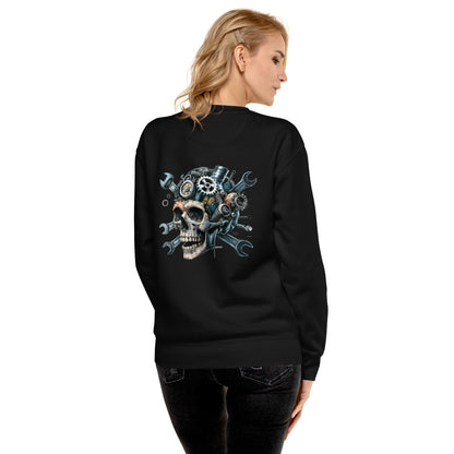 Black Skull Mechanic Sweatshirt featuring a vivid back illustration of gears and tools