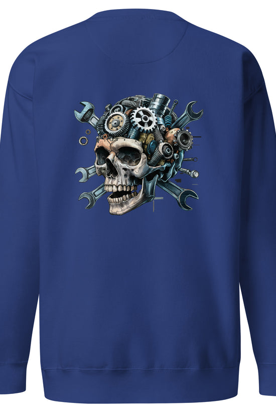 Back view of Amp'd Up Custom Skull Mechanic Sweatshirt featuring a unique skull design with gears and tools