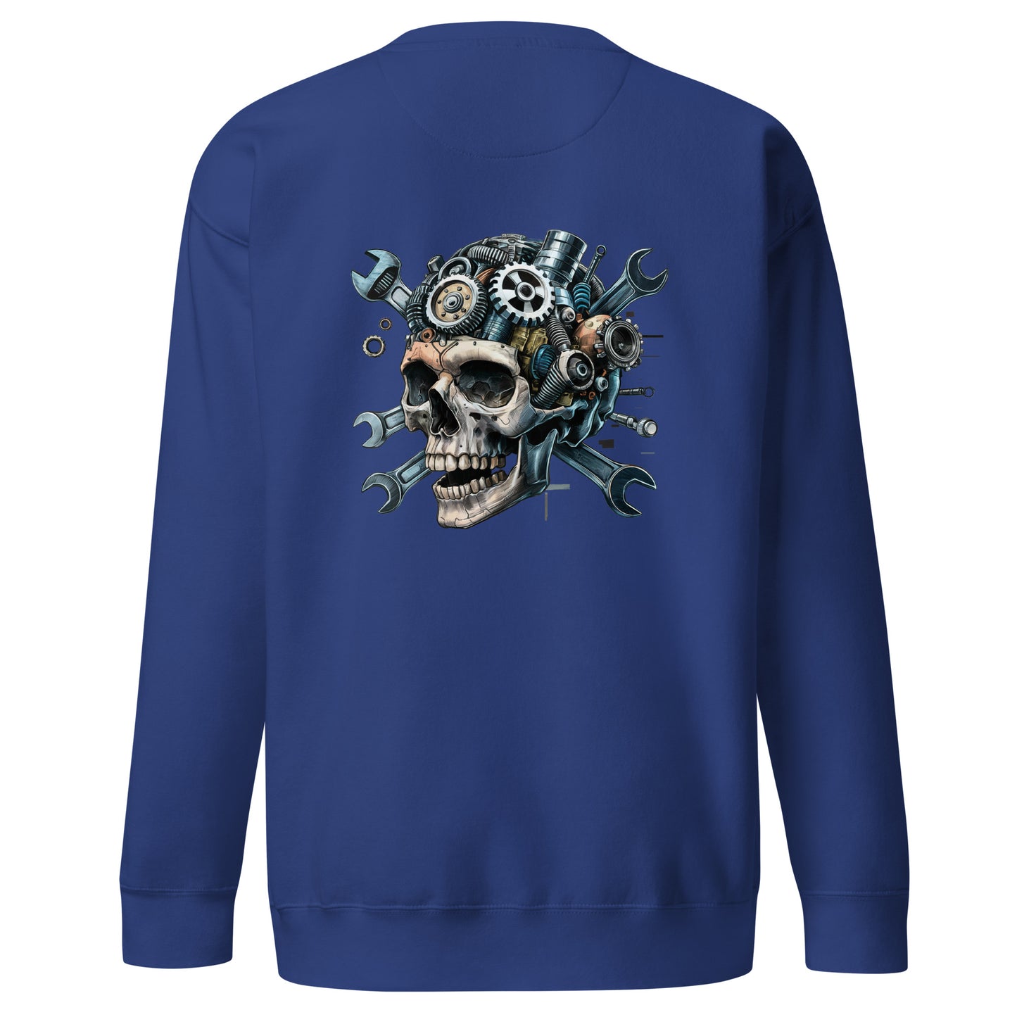 Back view of Amp'd Up Custom Skull Mechanic Sweatshirt featuring a unique skull design with gears and tools