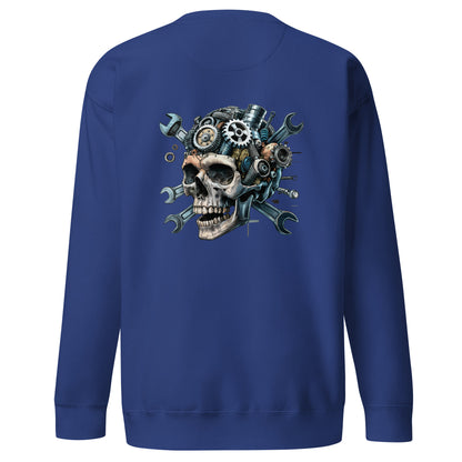 Back view of Amp'd Up Custom Skull Mechanic Sweatshirt featuring a unique skull design with gears and tools