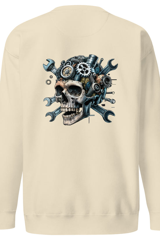 Cream Skull Mechanic Sweatshirt with a detailed back illustration of skull and tools