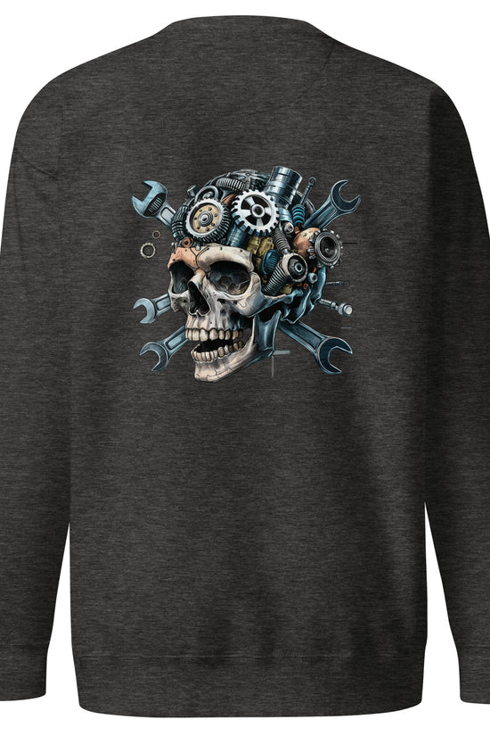 Skull Mechanic Sweatshirt with a detailed back illustration featuring gears and tools
