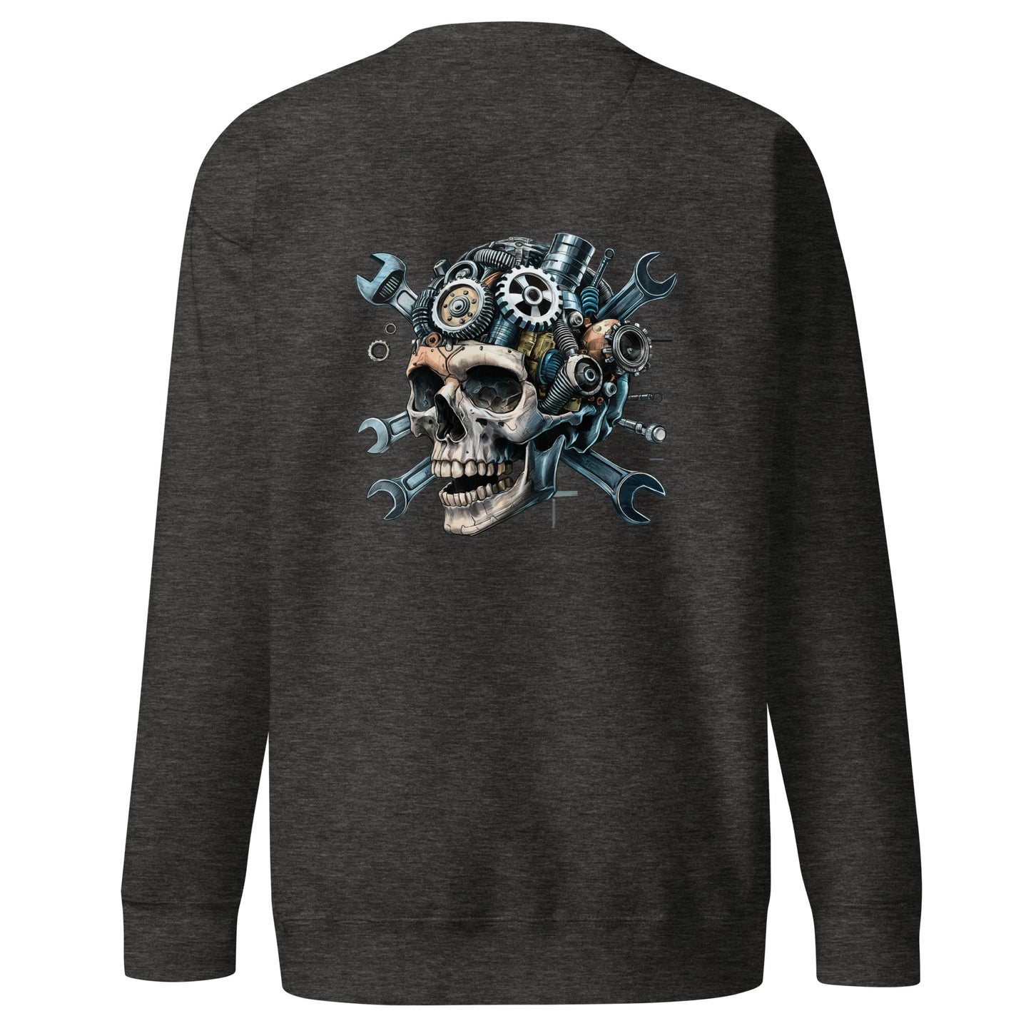 Skull Mechanic Sweatshirt with a detailed back illustration featuring gears and tools