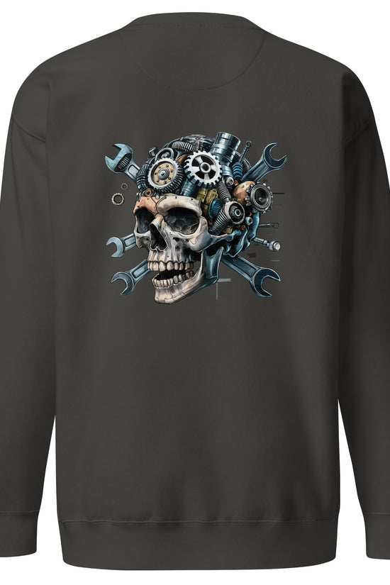 Skull Mechanic Sweatshirt with Unique Back Illustration Featuring Gears and Tools