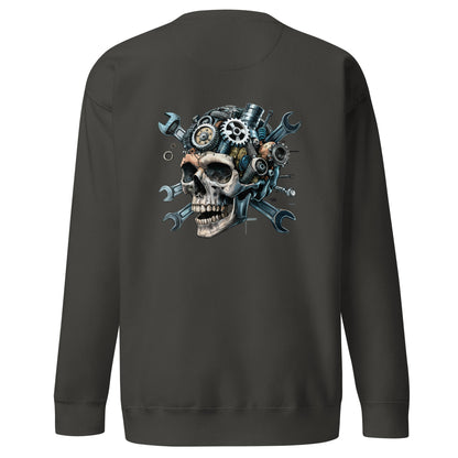 Skull Mechanic Sweatshirt with Unique Back Illustration Featuring Gears and Tools