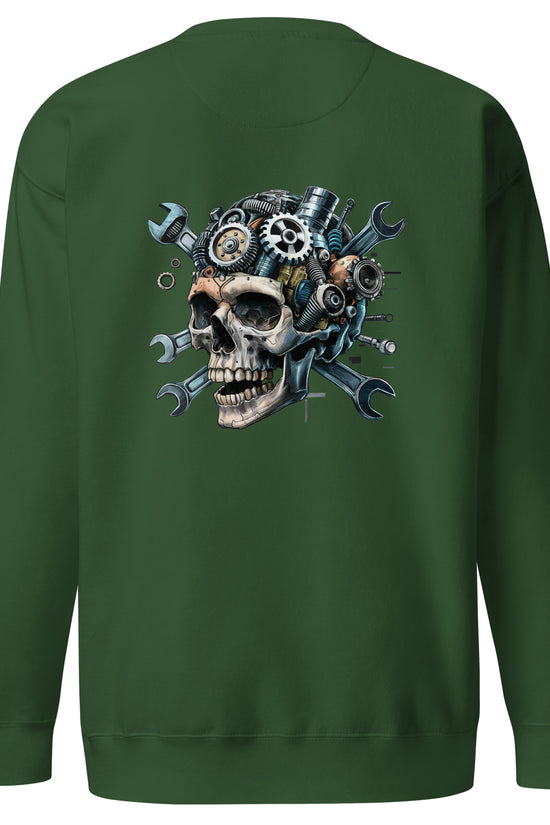 Amp'd Up Custom Skull Mechanic Sweatshirt with detailed back illustration featuring gears and wrenches