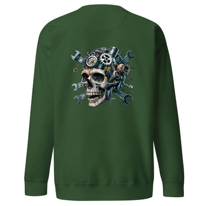 Amp'd Up Custom Skull Mechanic Sweatshirt with detailed back illustration featuring gears and wrenches