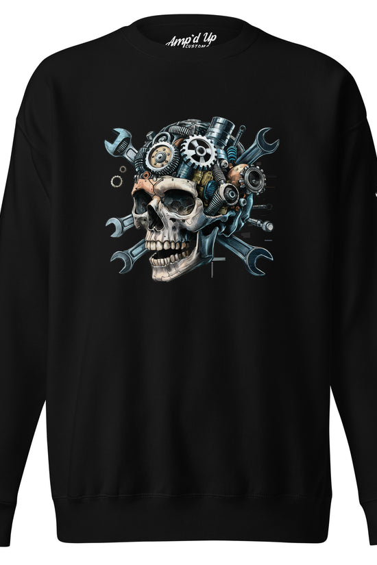 Black Skull Mechanic Sweatshirt featuring a graphic of a skull with mechanical gears and tools