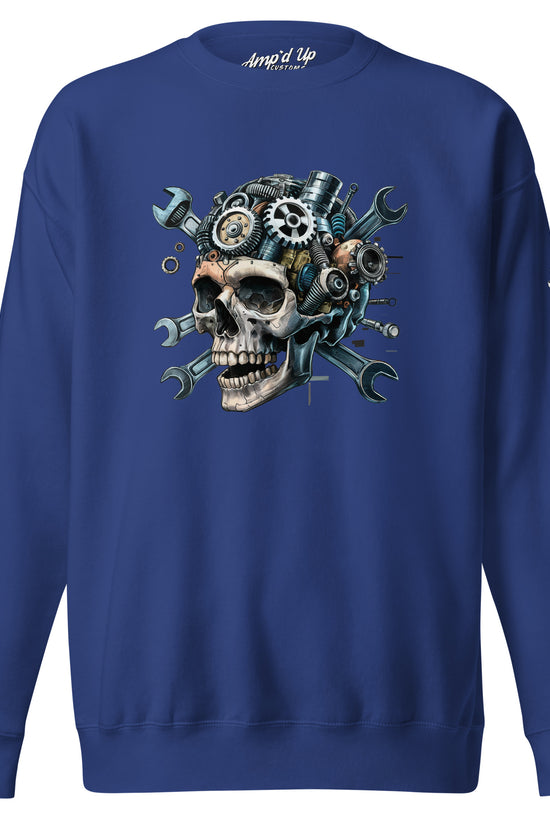 Amp'd Up Custom Skull Mechanic Sweatshirt in blue featuring a detailed skull graphic with gears and tools