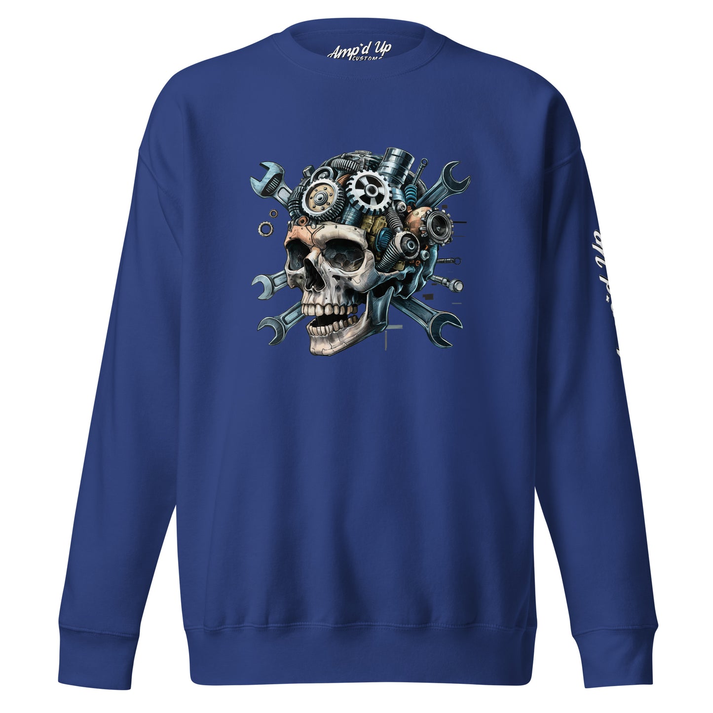 Amp'd Up Custom Skull Mechanic Sweatshirt in blue featuring a detailed skull graphic with gears and tools