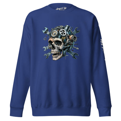 Amp'd Up Custom Skull Mechanic Sweatshirt in blue featuring a detailed skull graphic with gears and tools