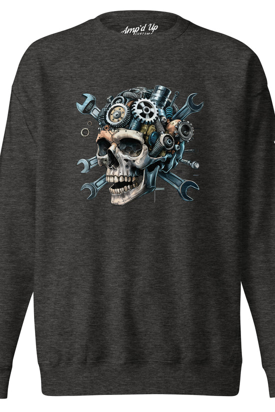 Skull Mechanic Sweatshirt featuring a skull with gears and wrenches on a dark background