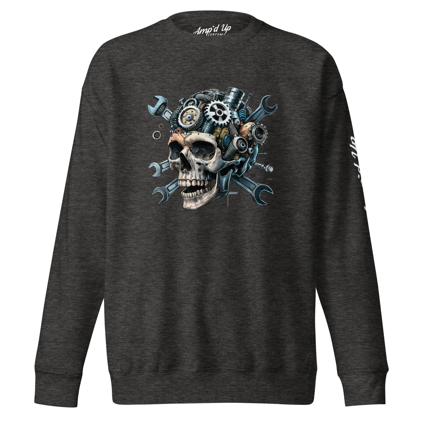Skull Mechanic Sweatshirt featuring a skull with gears and wrenches on a dark background