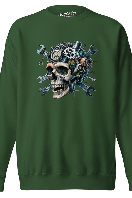 Amp'd Up Custom Skull Mechanic Sweatshirt in dark green featuring unique skull and gear design