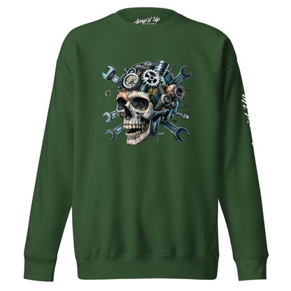 Amp'd Up Custom Skull Mechanic Sweatshirt in dark green featuring unique skull and gear design