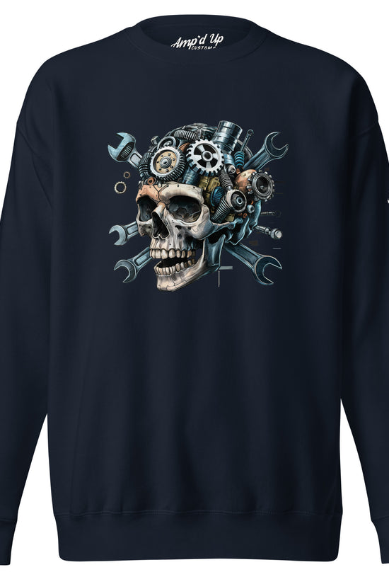 Amp'd Up Custom Skull Mechanic Sweatshirt featuring a skull design with gears and tools