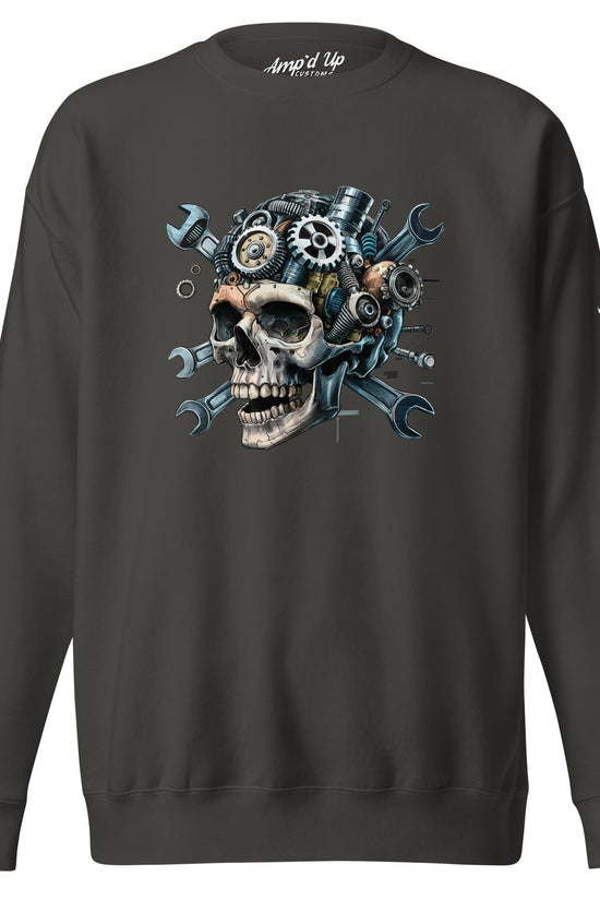 Skull Mechanic Sweatshirt featuring a detailed skull design with gears and tools for mechanics