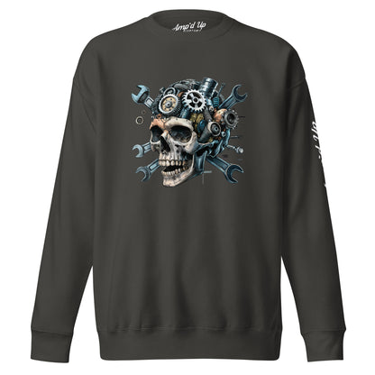Skull Mechanic Sweatshirt featuring a detailed skull design with gears and tools for mechanics
