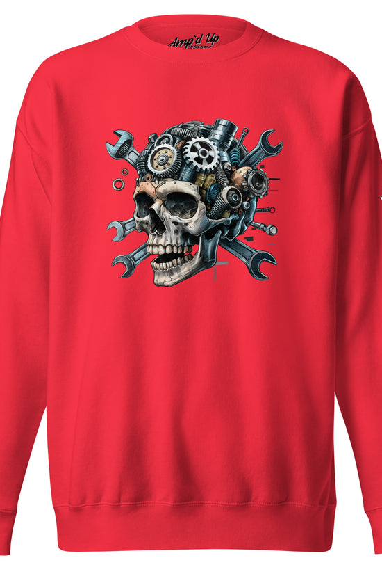 Amp'd Up Custom Skull Mechanic Sweatshirt in red featuring a skull with gears and wrenches design