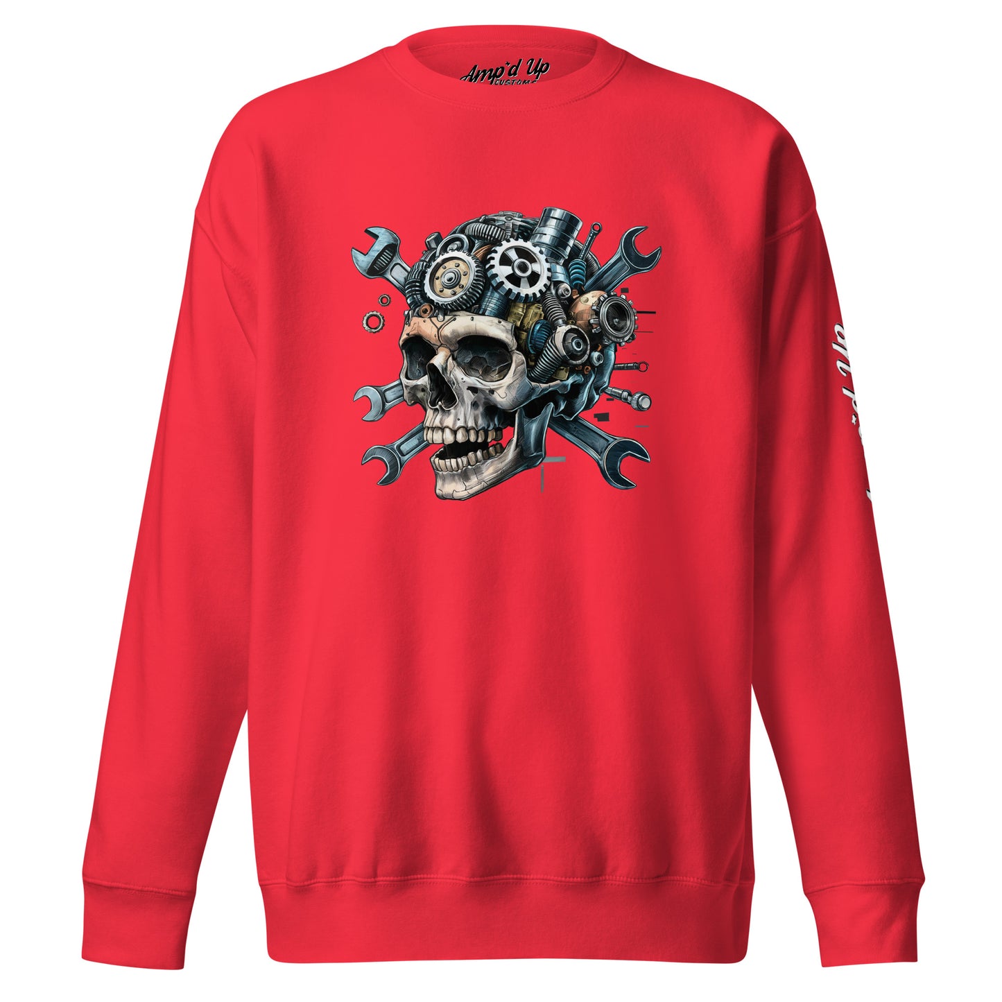 Amp'd Up Custom Skull Mechanic Sweatshirt in red featuring a skull with gears and wrenches design