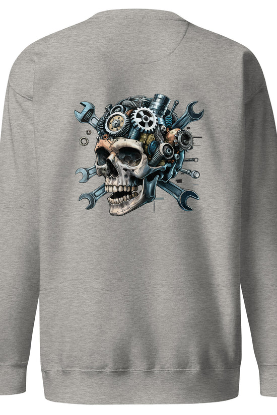 Gray Amp'd Up Custom Skull Mechanic Sweatshirt with detailed back illustration of a skull and gears
