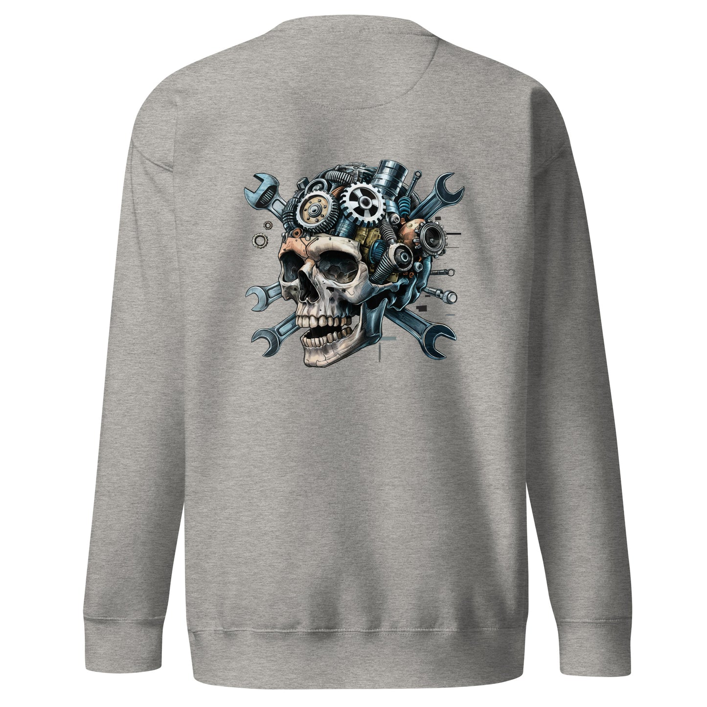 Gray Amp'd Up Custom Skull Mechanic Sweatshirt with detailed back illustration of a skull and gears