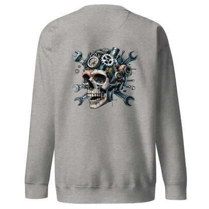 Gray Amp'd Up Custom Skull Mechanic Sweatshirt with detailed back illustration of a skull and gears