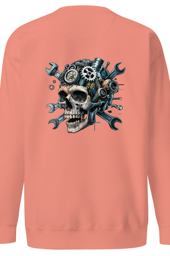 Back view of the Skull Mechanic Sweatshirt featuring a detailed skull and mechanical elements illustration