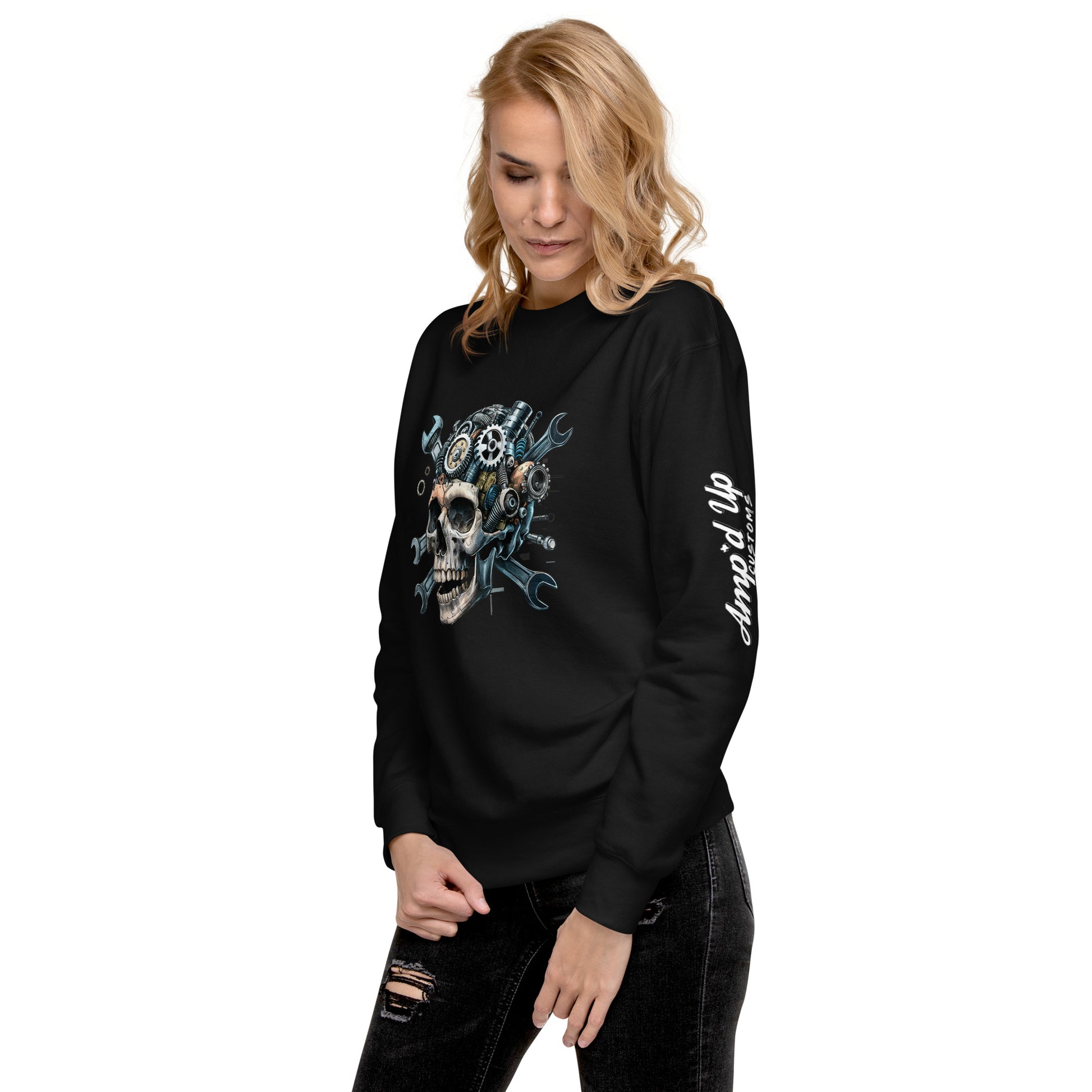 Amp'd Up Custom Skull Mechanic Sweatshirt featuring a skull design with gears and tools.