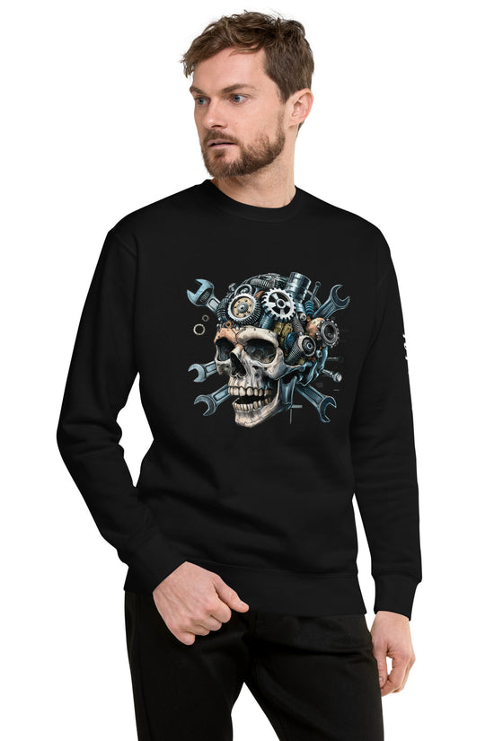 Black Skull Mechanic Sweatshirt featuring a skull design with gears and tools for a stylish look