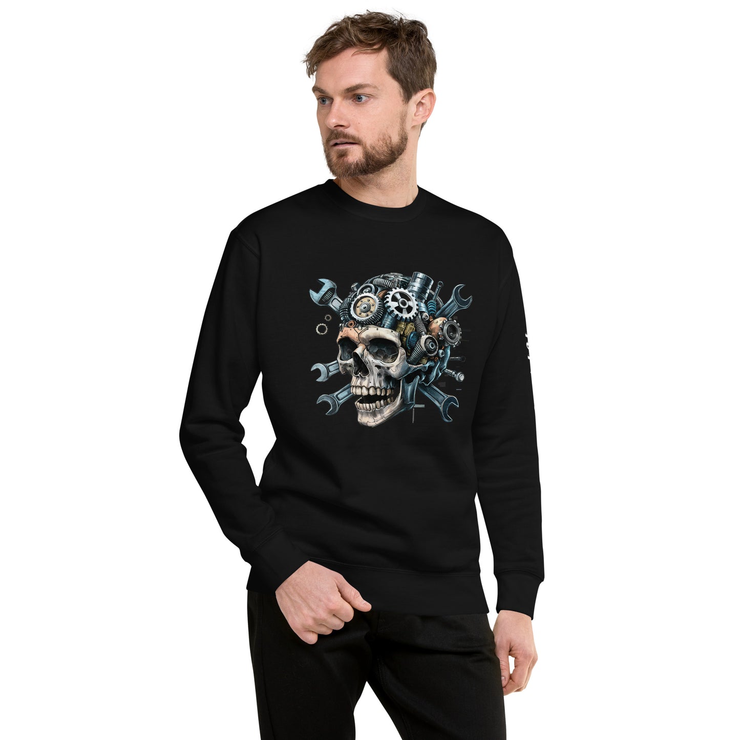 Black Skull Mechanic Sweatshirt featuring a skull design with gears and tools for a stylish look