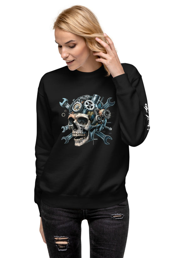 Skull Mechanic Sweatshirt featuring a skull design with gears and tools on a black background