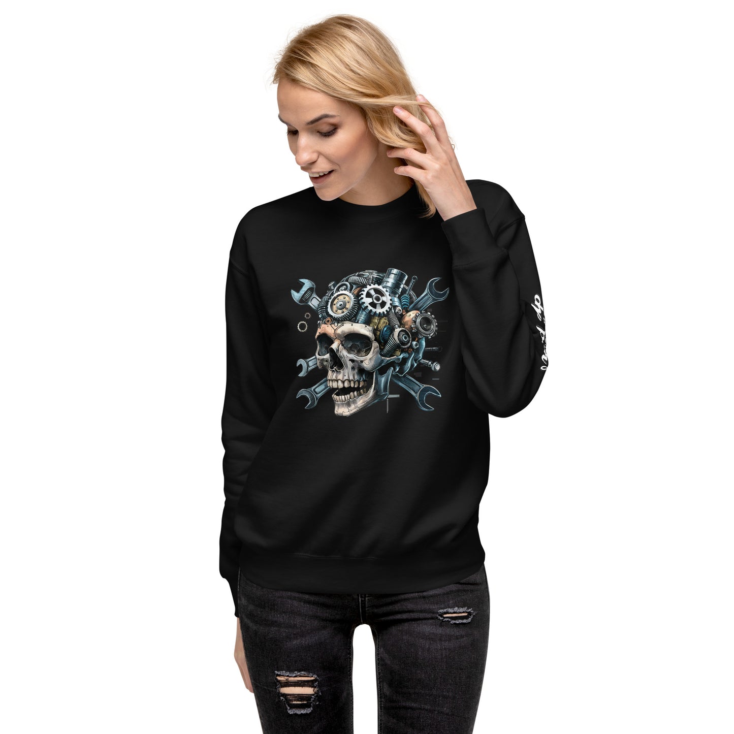 Skull Mechanic Sweatshirt featuring a skull design with gears and tools on a black background