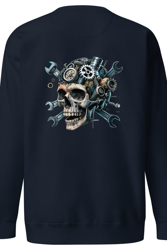 Skull Mechanic Sweatshirt with a detailed back illustration featuring gears and wrenches