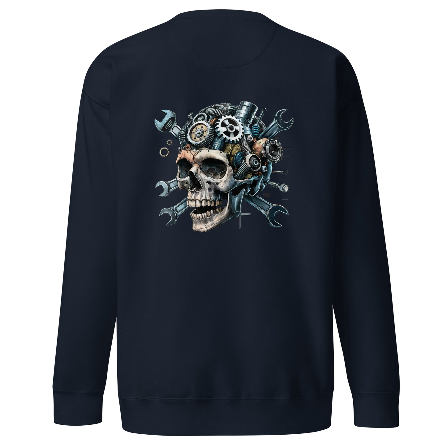 Skull Mechanic Sweatshirt with a detailed back illustration featuring gears and wrenches
