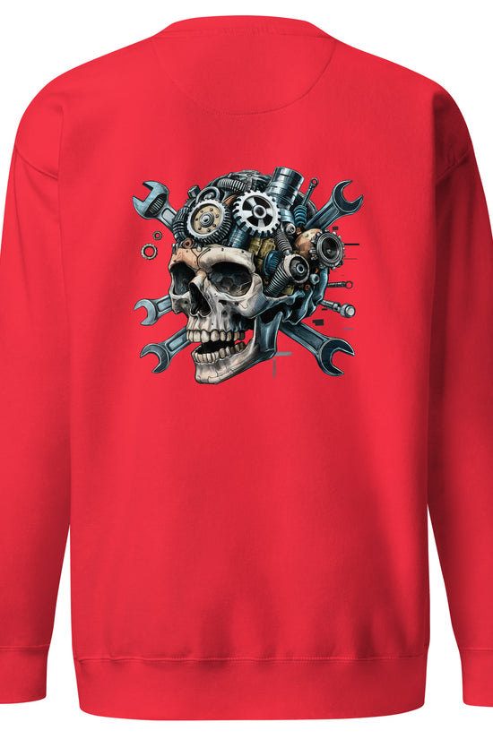 Red Skull Mechanic Sweatshirt with a detailed back illustration featuring gears and wrenches
