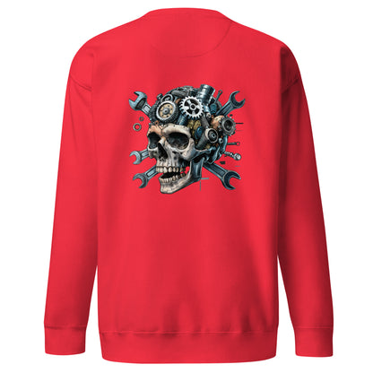 Red Skull Mechanic Sweatshirt with a detailed back illustration featuring gears and wrenches