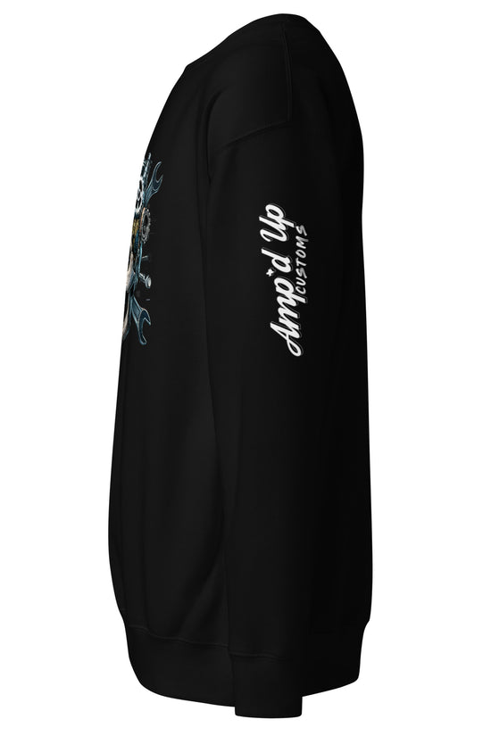 Side view of Skull Mechanic Sweatshirt by Amp'd Up Custom featuring a stylish design and comfortable fit