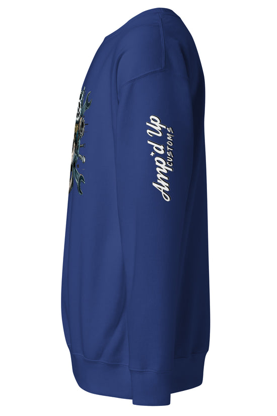 Side view of the Skull Mechanic Sweatshirt by Amp'd Up Custom in blue with unique graphic design
