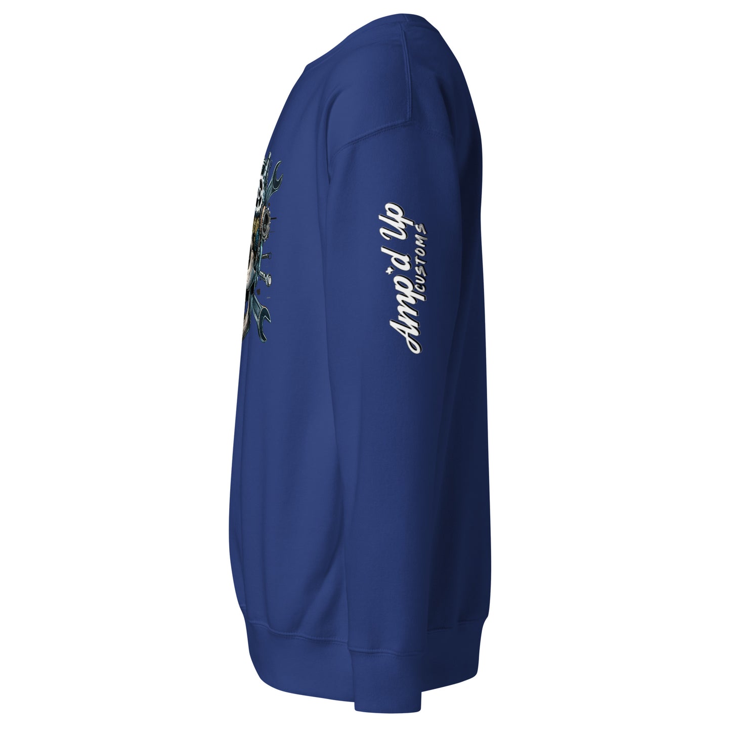 Side view of the Skull Mechanic Sweatshirt by Amp'd Up Custom in blue with unique graphic design