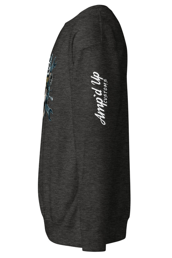 Side view of Skull Mechanic Sweatshirt by Amp'd Up Custom in dark gray with unique design