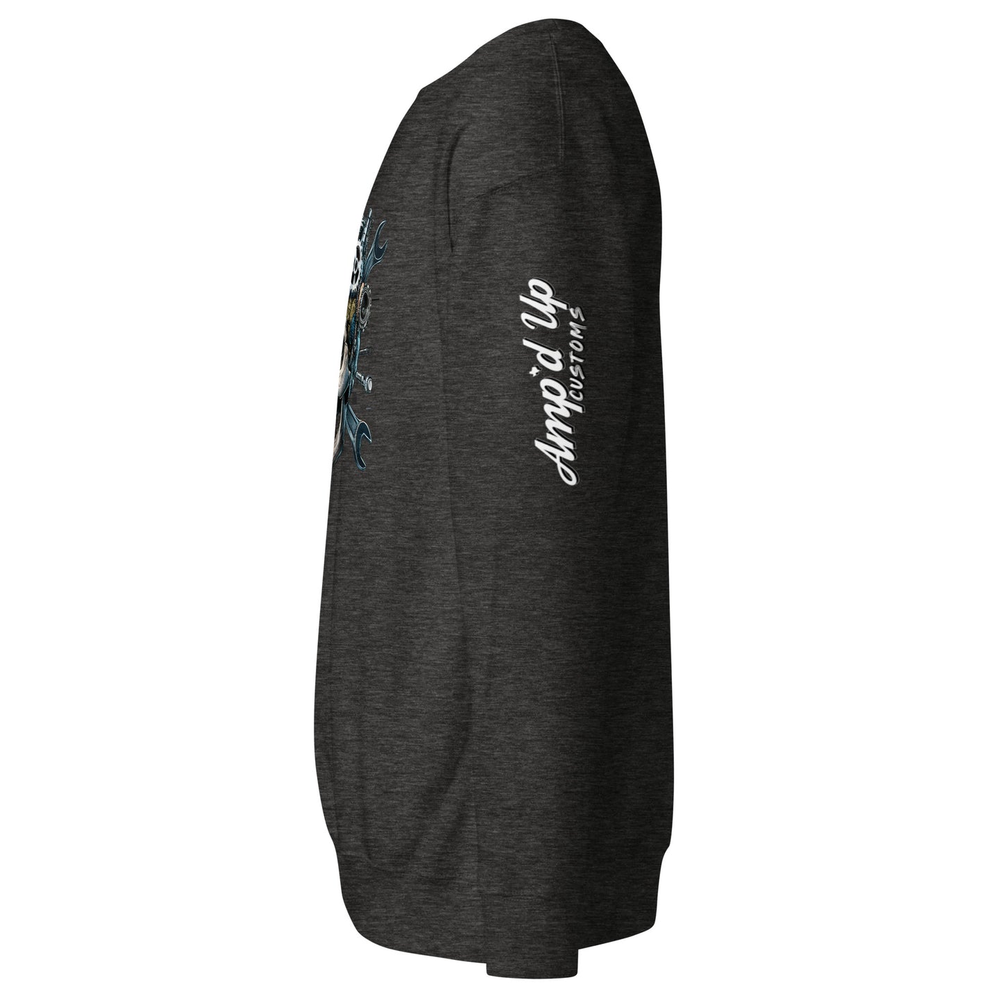Side view of Skull Mechanic Sweatshirt by Amp'd Up Custom in dark gray with unique design