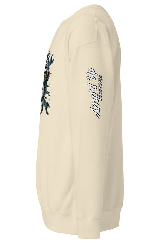 Amp'd Up Custom Skull Mechanic Sweatshirt in cream color with unique graphic design on the front